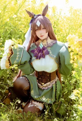 Coser小姐姐星之遲遲里見光鑽夢想的回應主題油菜花地性感連衣長裙配黑絲襪迷人寫真48P